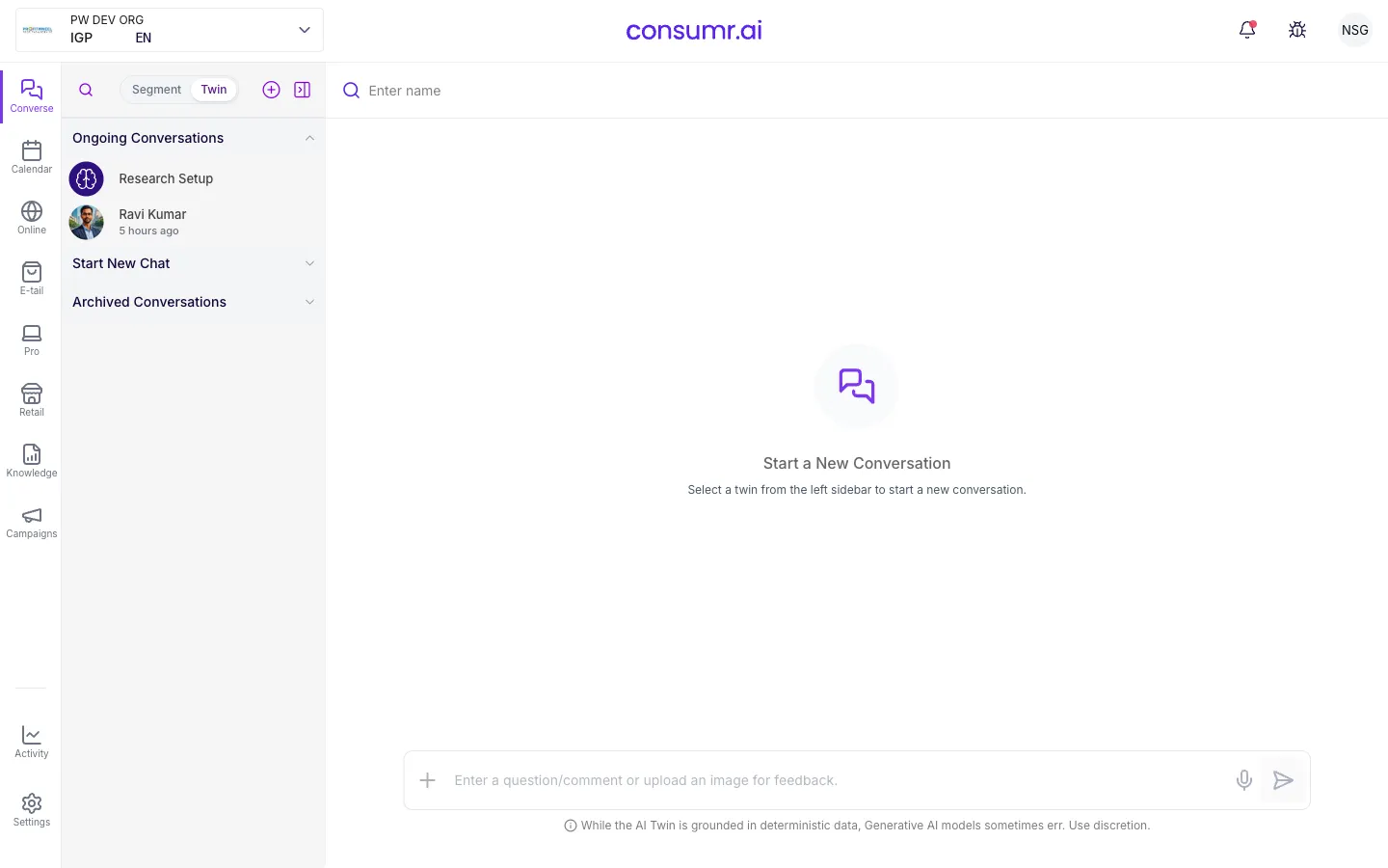 The Consumr.AI Converse workspace — the left navigation rail, the twin/segment list, and the conversation pane.