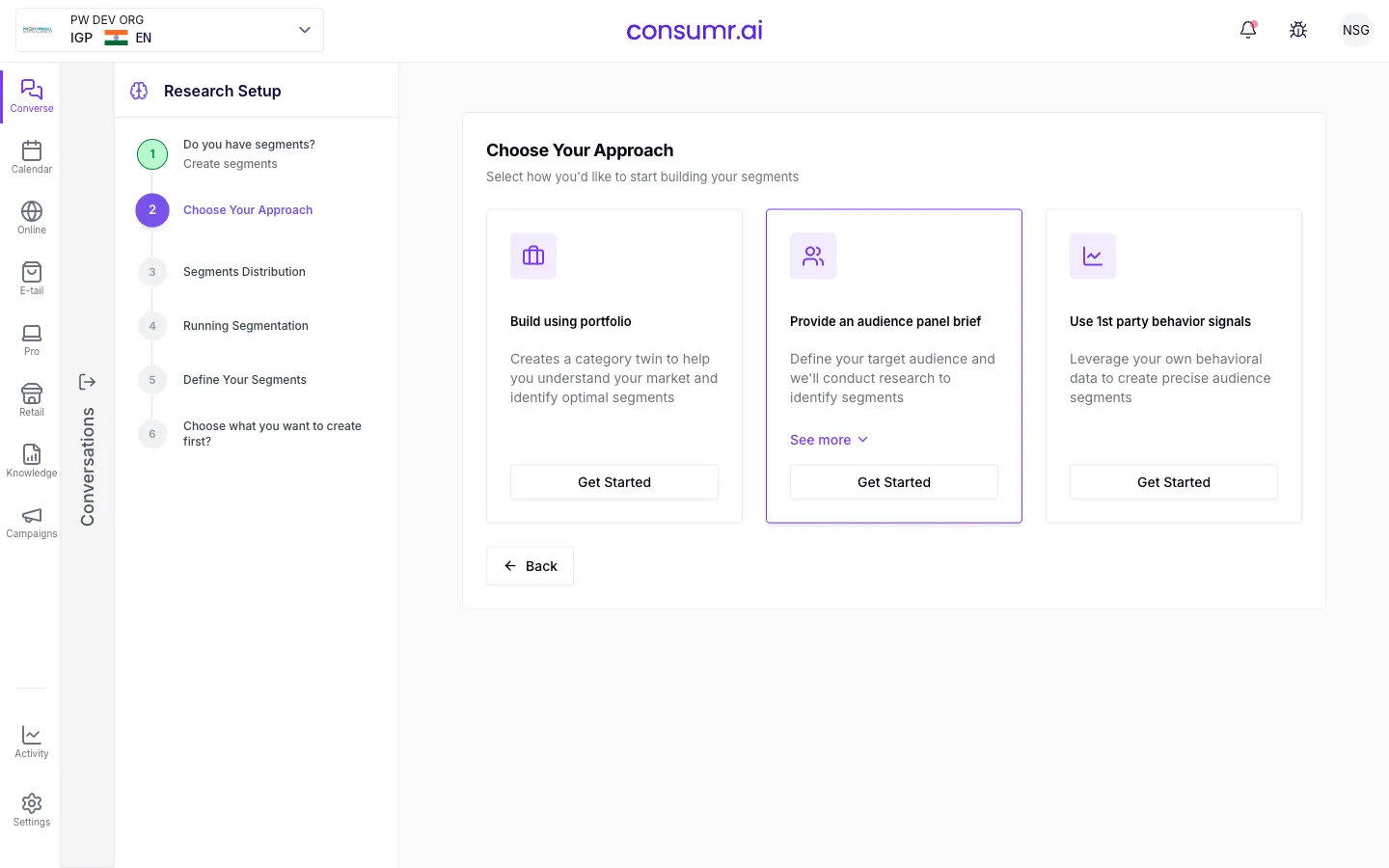 Research Setup, "Choose Your Approach": the three ways to create segments (build using portfolio, provide an audience-panel brief, or use 1st-party behavior signals), with the segmentation pipeline shown on the left (Distribution → Running Segmentation → Define Segments).