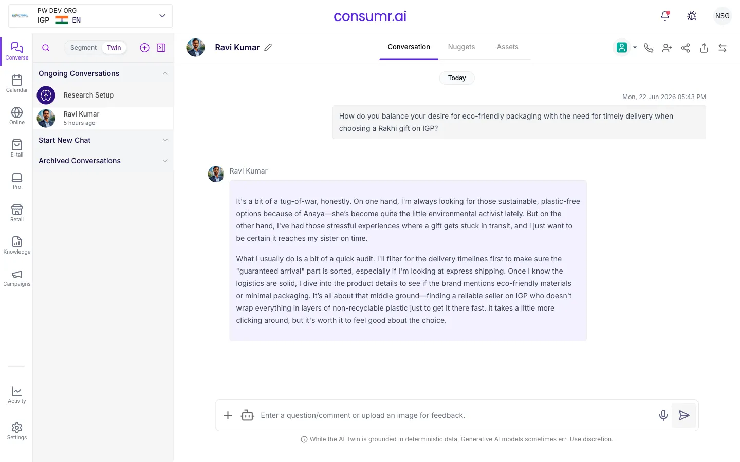 A conversation with an AI twin in Converse, where the twin answers in the first person, in character for the cohort it represents.